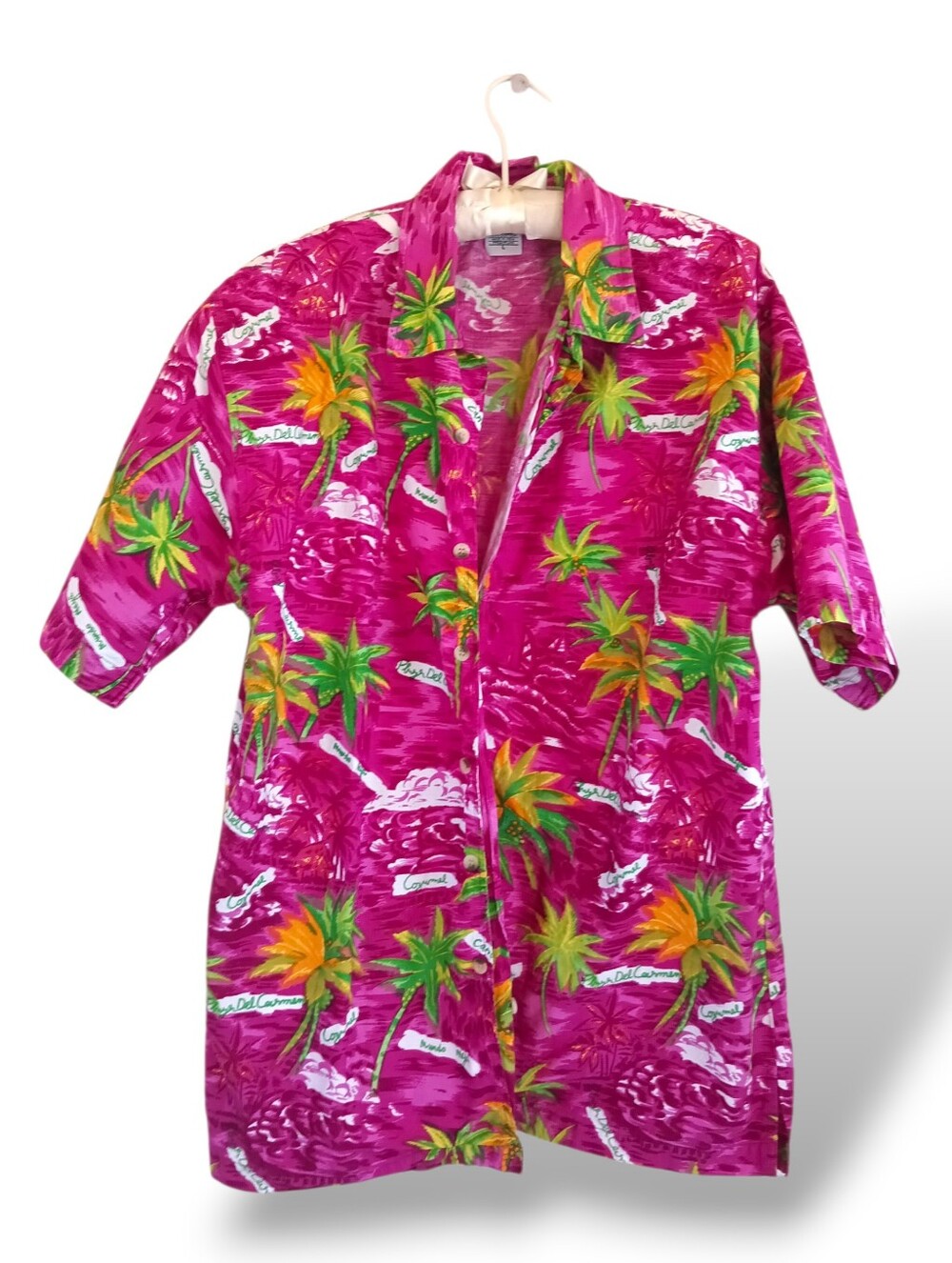 Vintage Hot Pink Tropical Print Short-Sleeve Button-Down Shirt Caribbean Cotton